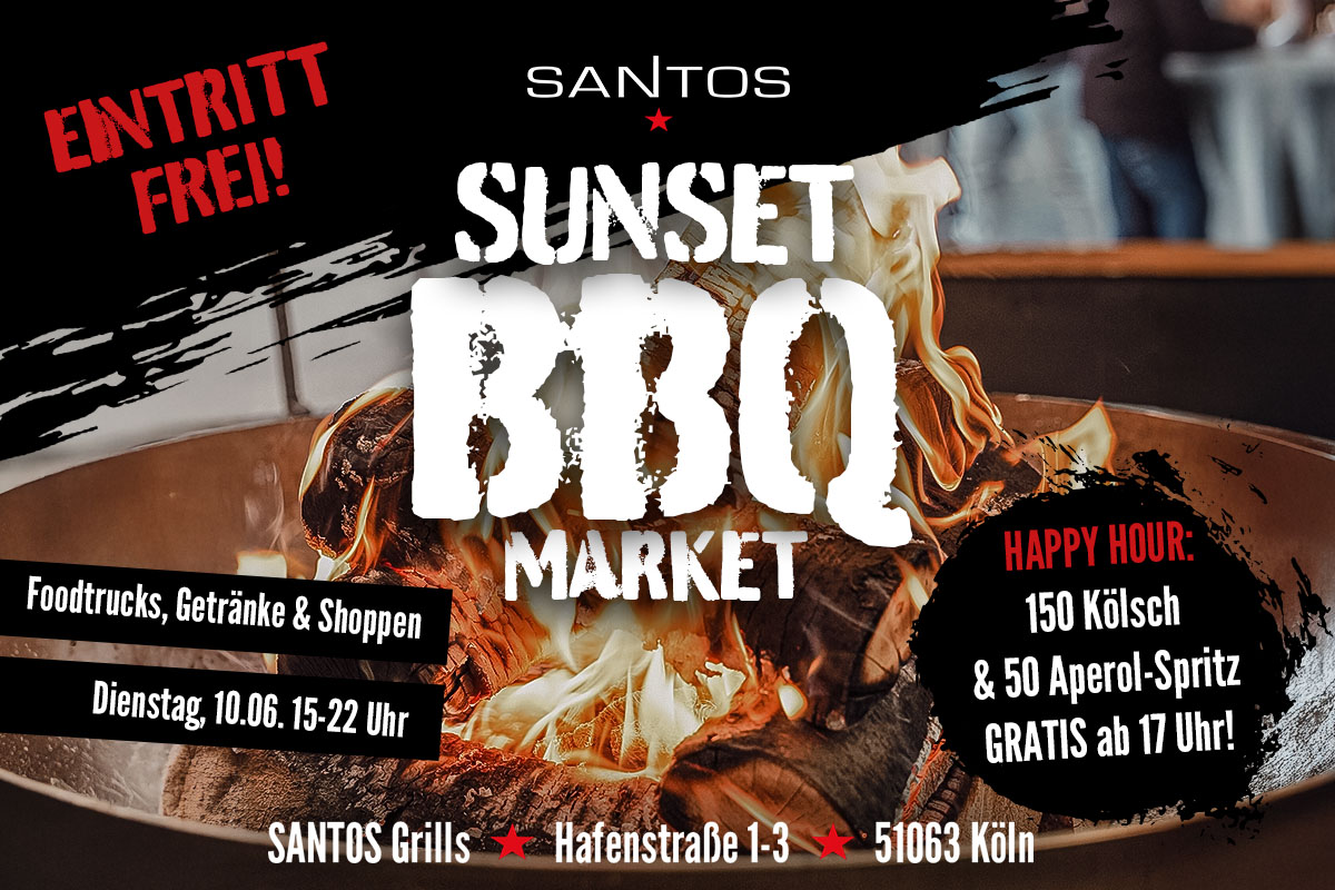 kommt zum SANTOS Sunset BBQ Market am Dienstag, den 10.06. und freut Euch auf BBQ-Foodtrucks, drinks und Shopping von 15-22 Uhr, der Shop hat bis 20 Uhr geöffnet. Ab 17 Uhr gibt es zur Happy Hour 150 Kölsch und 50 Aperol-Spritz gratis!