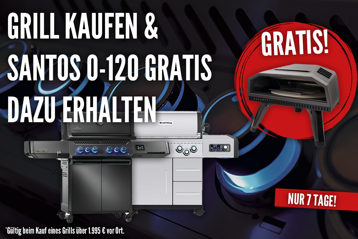 Nur in den nächsten 7 Tagen bekommt Ihr beim Kauf eines Grills ab 1.995 € (egal ob rabattiert oder nicht) einen Santos Pizzaofen O-120 gratis dazu!