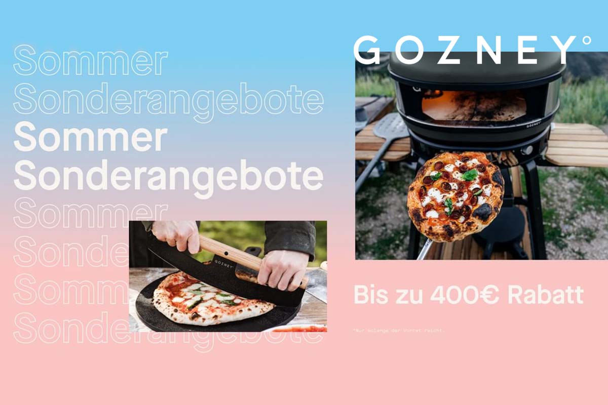 Gozney Sommeraktion mit Sommer Sonderangeboten und Bilder von Pizzaofen und Pizza