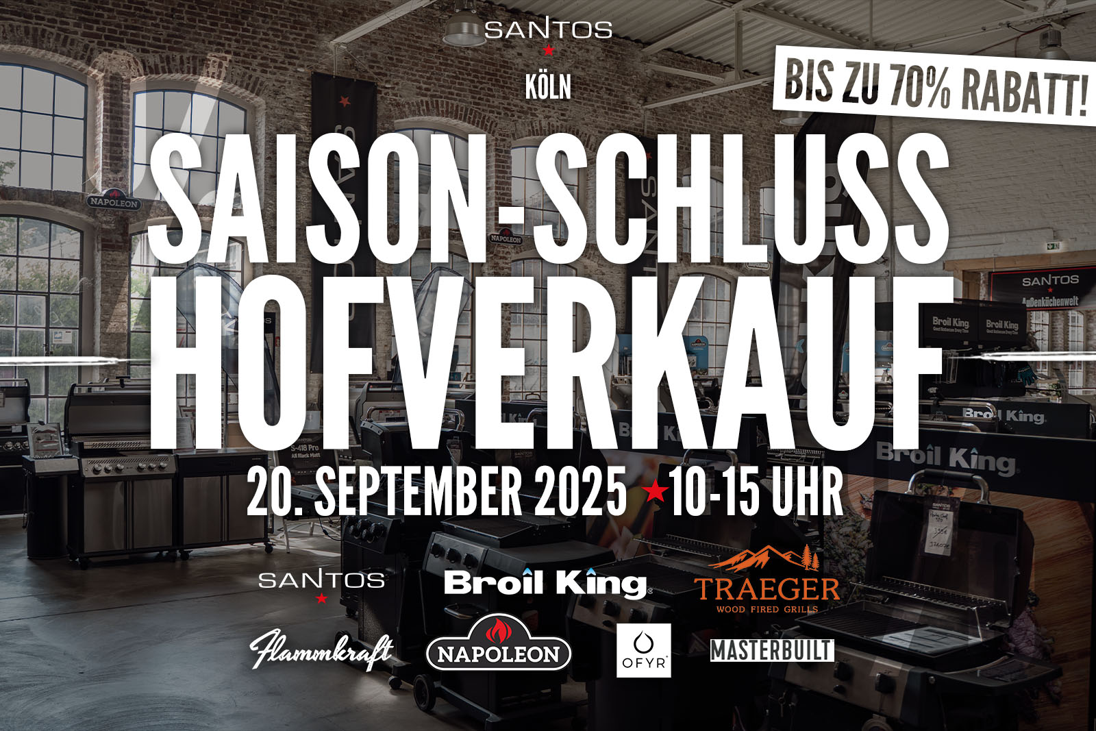 Der nächste Hofverkauf bei SANTOS steht bald an. Kommt vorbei in die Hafenstraße 1-3, 51063 Köln am 05.07.2025 von 10:00 bis 15:00 Uhr und entdeckt zahlreiche Grills sowie Zubehör bis zu 70% reduziert. Mit dabei sind Produkte von SANTOS, Napoleon, Broil King, Weber, Simogas, Träger, Flammkraft, Ofyr, Masterbuilt und noch weiteren Marken.