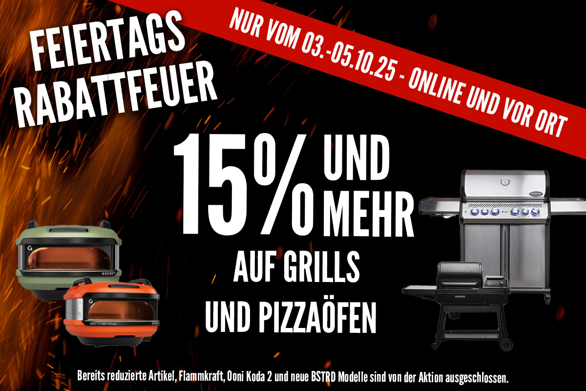 Nur vom 03.–05.10.2025 gibt’s mindestens 15 % Rabatt auf Grills & Pizzaöfen – inkl. Top-Marken wie SANTOS, Napoleon, Broil King, Traeger, Gozney, Ooni u. v. m. 👉 Online auf santosgrills.de oder in unseren Stores in Köln, Hamburg & Frankfurt. Perfekt für Einsteiger, Vielgriller & Aufrüster – Dein Wunschgrill wartet schon!