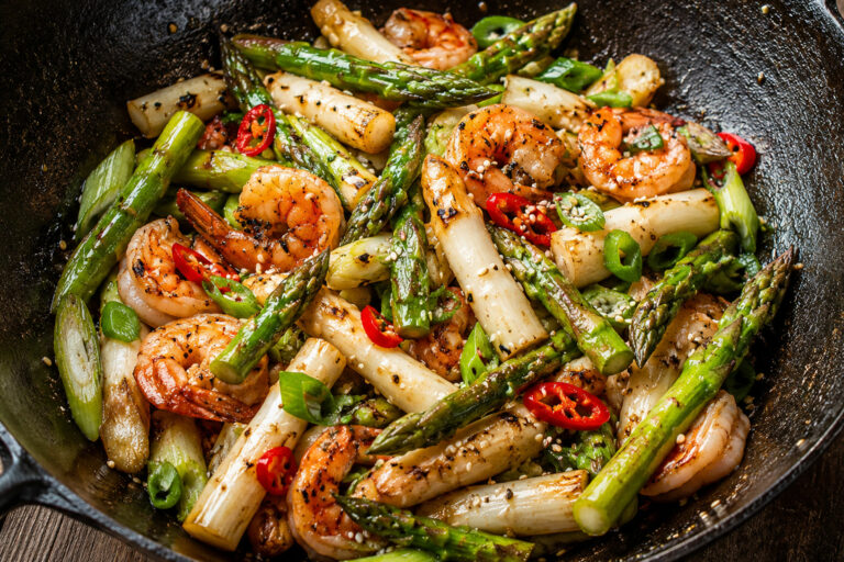 Spargel mit Garnelen aus dem Wok
