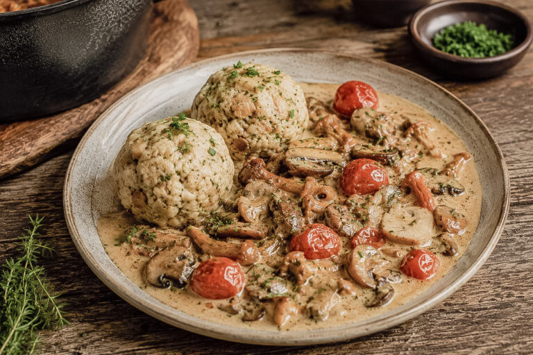 Pilzgulasch mit Semmelknödeln aus dem Dutch Oven