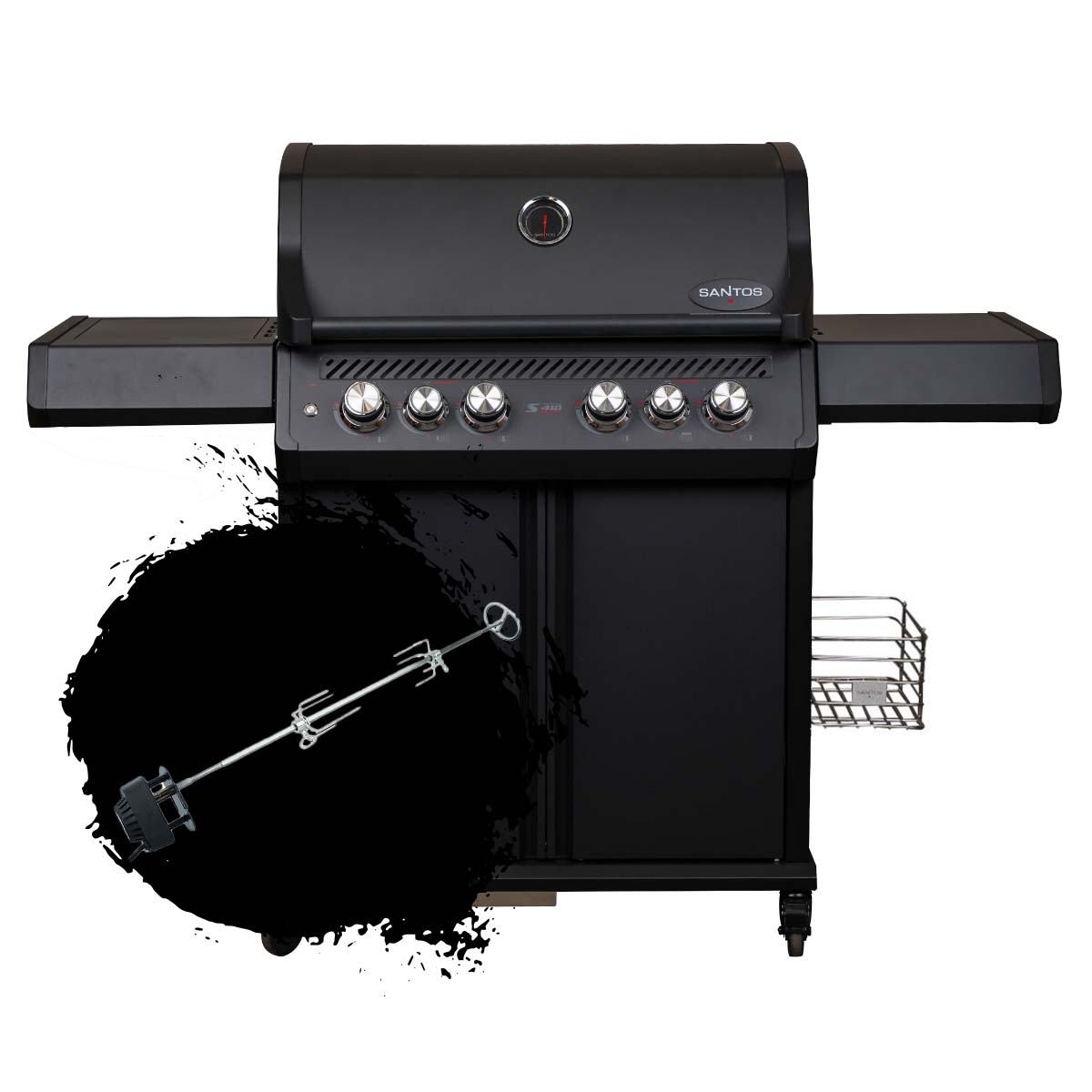 SANTOS S-418 Pro All Black Matt | Seiten- & Heckbrenner | inkl. Drehspieß & Abdeckhaube