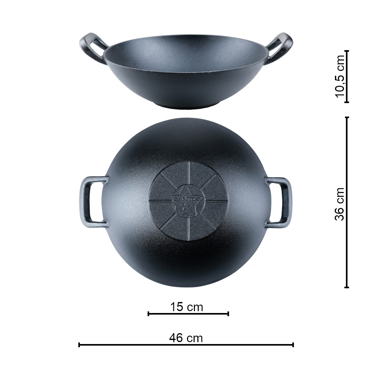 SANTOS XXL Gusseisen Wokpfanne rund - Guss-Wok - ø36cm - Feuertopf -  Grilltopf - ideal für Lagerfeuer, Feuerstelle oder Kohle- oder Gas-Grill