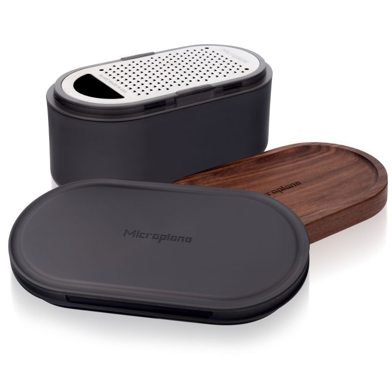 Microplane Reibe mit Auffangbehälter Anthrazit Grau Walnuss