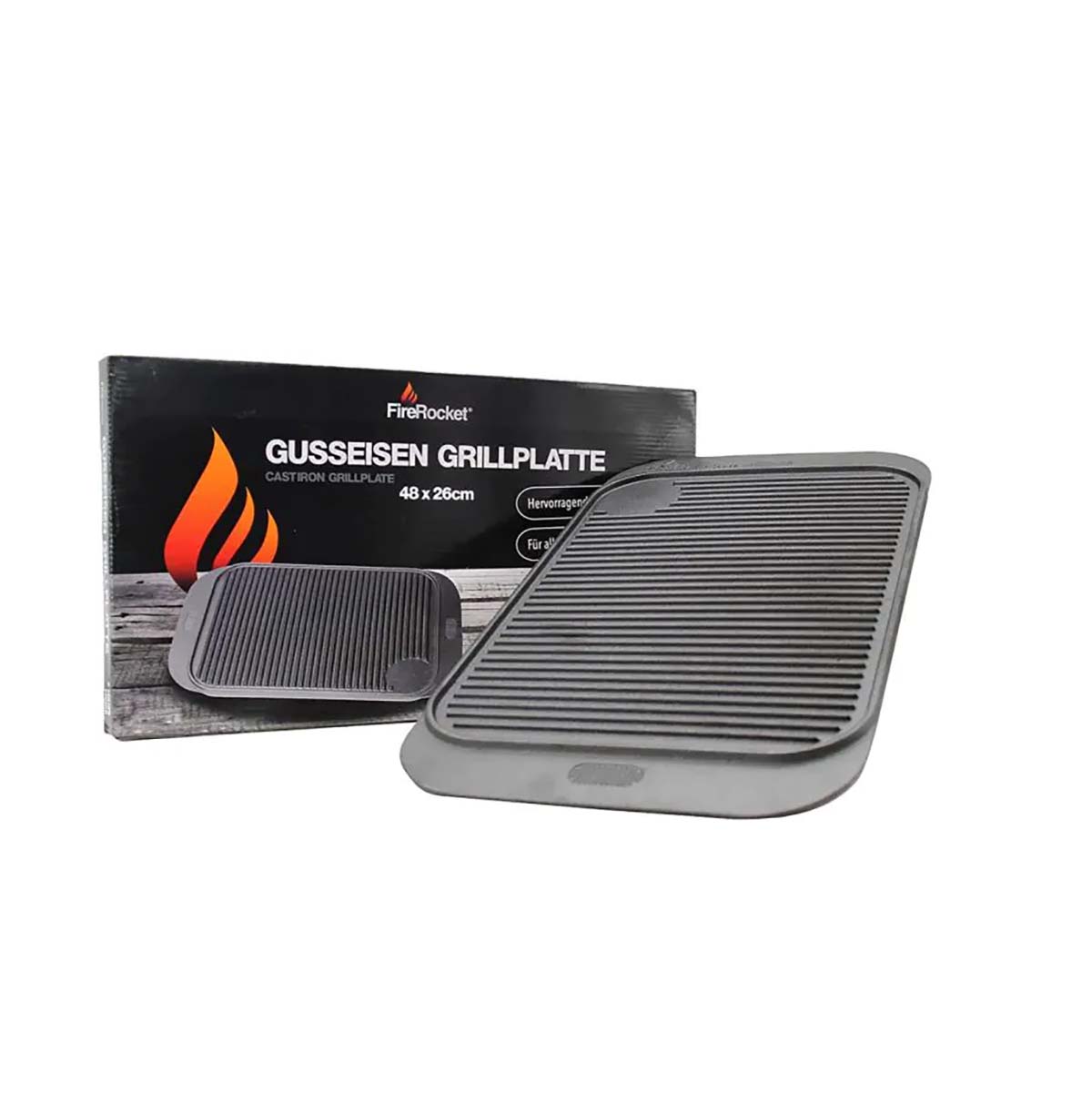 FireRocket Gusseisen Wendeplatte, 48 x 26 cm, Verpackung