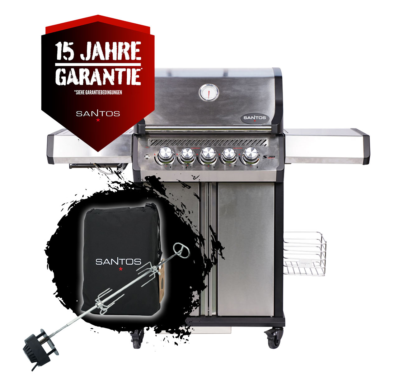 SANTOS S-318 Pro | Seiten- & Heckbrenner | Edelstahl inkl. Drehspieß & Abdeckhaube
