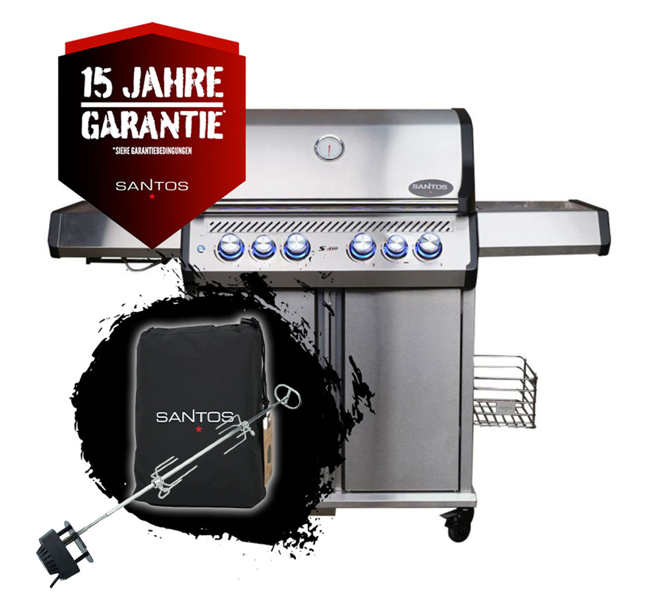 SANTOS S-418 Pro Edelstahl | Seiten- & Heckbrenner inkl. Abdeckhaube & Drehspieß | TST