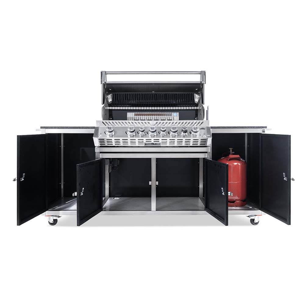 INDRA BLACKLINE Gasgrillstation Napoleon Pro 665 | inkl. Drehspieß Außenküche in schwarz geöffneter Deckel und Schränke