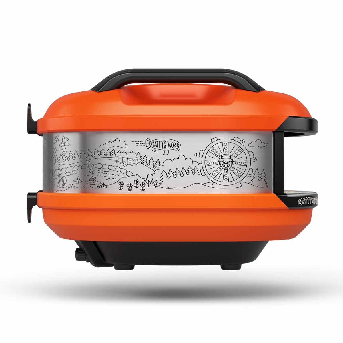 Gozney Tread Pizzaofen in der Matty Matheson Edition, Seitenansicht mit gelaserten Figuren aus "Camp Matty’s World" Gozney Tread Pizzaofen in der Matty Matheson Edition, Seitenansicht mit gelaserten Figuren aus "Camp Matty’s World"