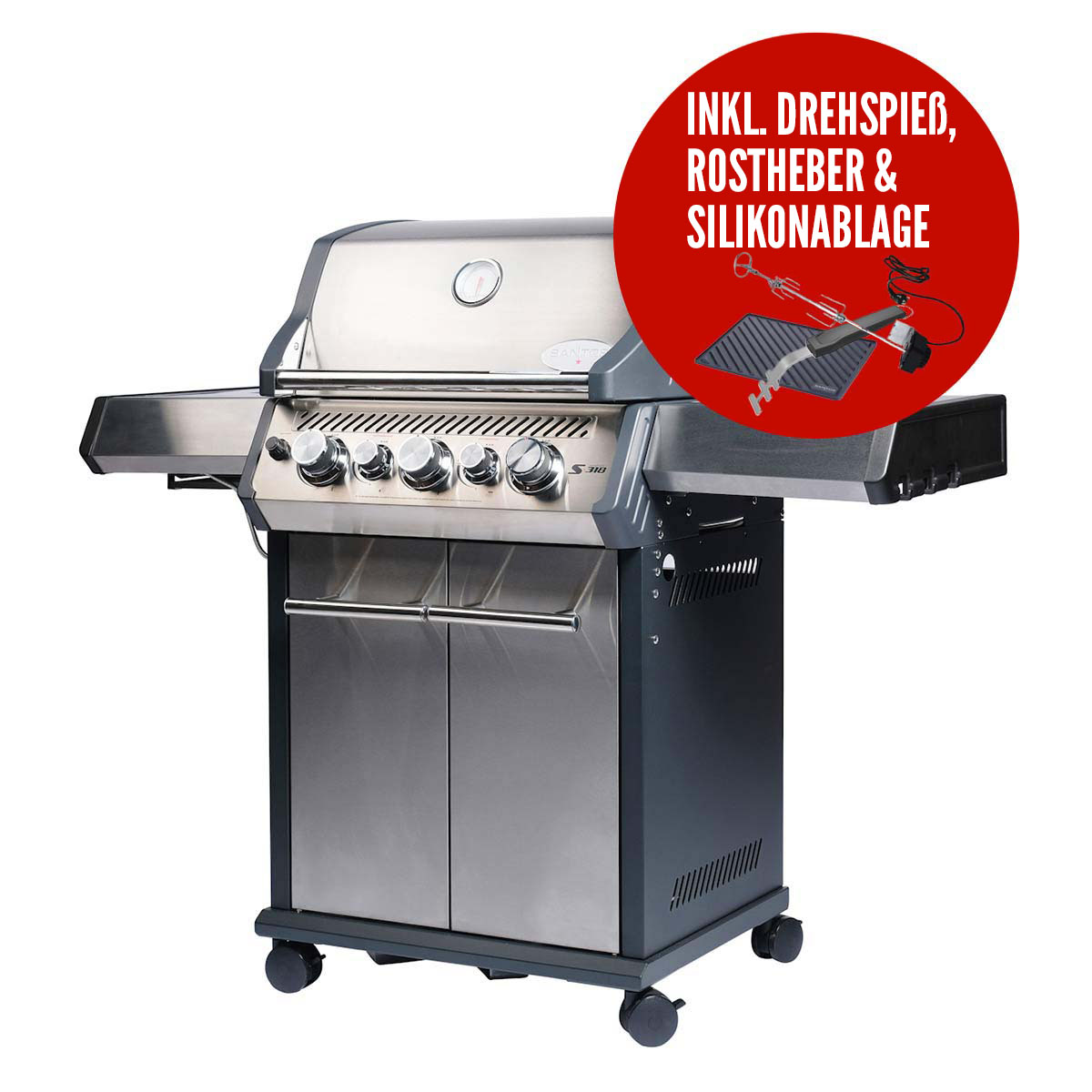 SANTOS Gasgrill S-318 | Seiten- & Heckbrenner, Edelstahl inkl. Drehspieß, Rostheber & Silikonablage SANTOS Gasgrill S-318 | Seiten- & Heckbrenner, Edelstahl inkl. Drehspieß, Rostheber & Silikonablage