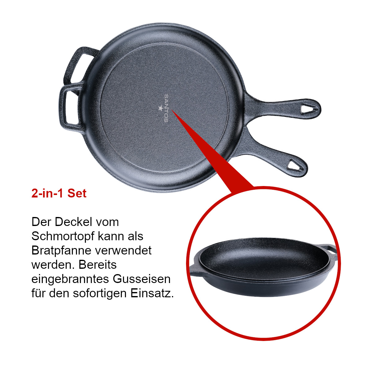 SANTOS Grillpfannen-Set Ø27cm - Gusseiserne Pfanne - Deckel - Schmoren,  Braten, Grillen, Backen - Gusseisenpfanne rund - Backofen, Feuer, Grill,  Herd | Pfannensets