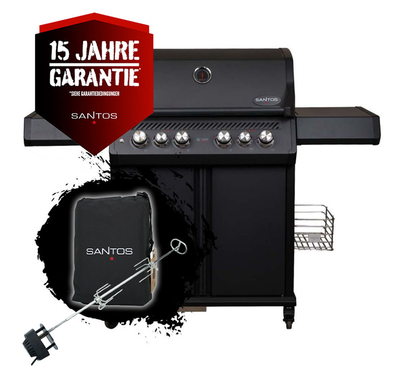 SANTOS S-418 Pro All Black Matt | Seiten- & Heckbrenner | inkl. Drehspieß & Abdeckhaube
