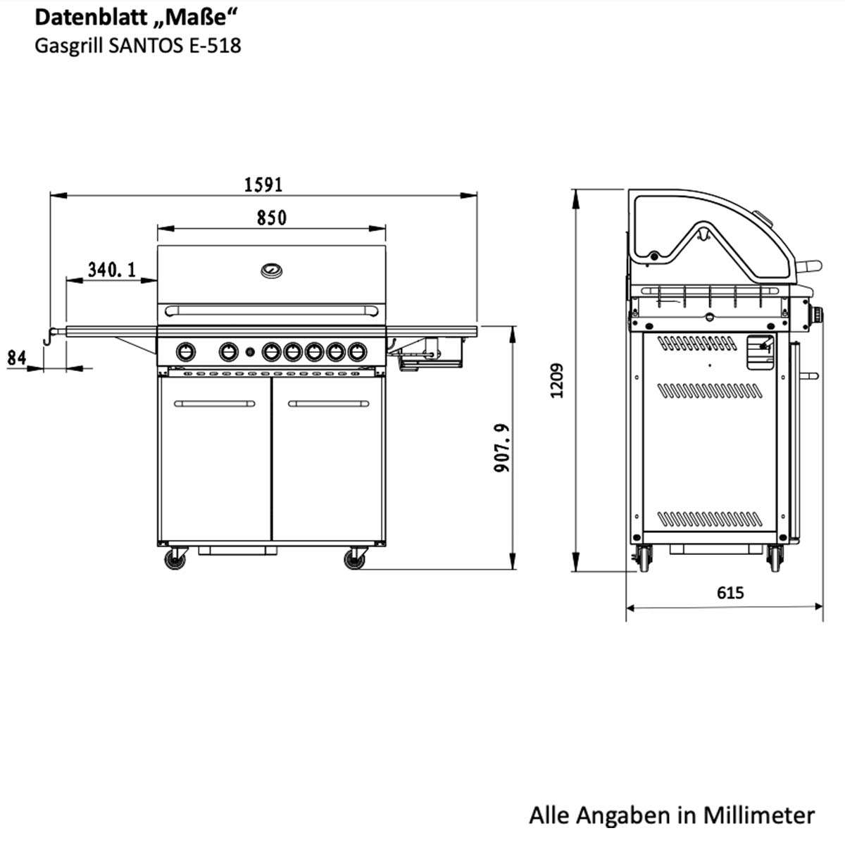 SANTOS Gasgrill E-518 (Eden), mit Seiten- & Heckbrenner SANTOS Gasgrill E-518 (Eden), mit Seiten- & Heckbrenner Maße