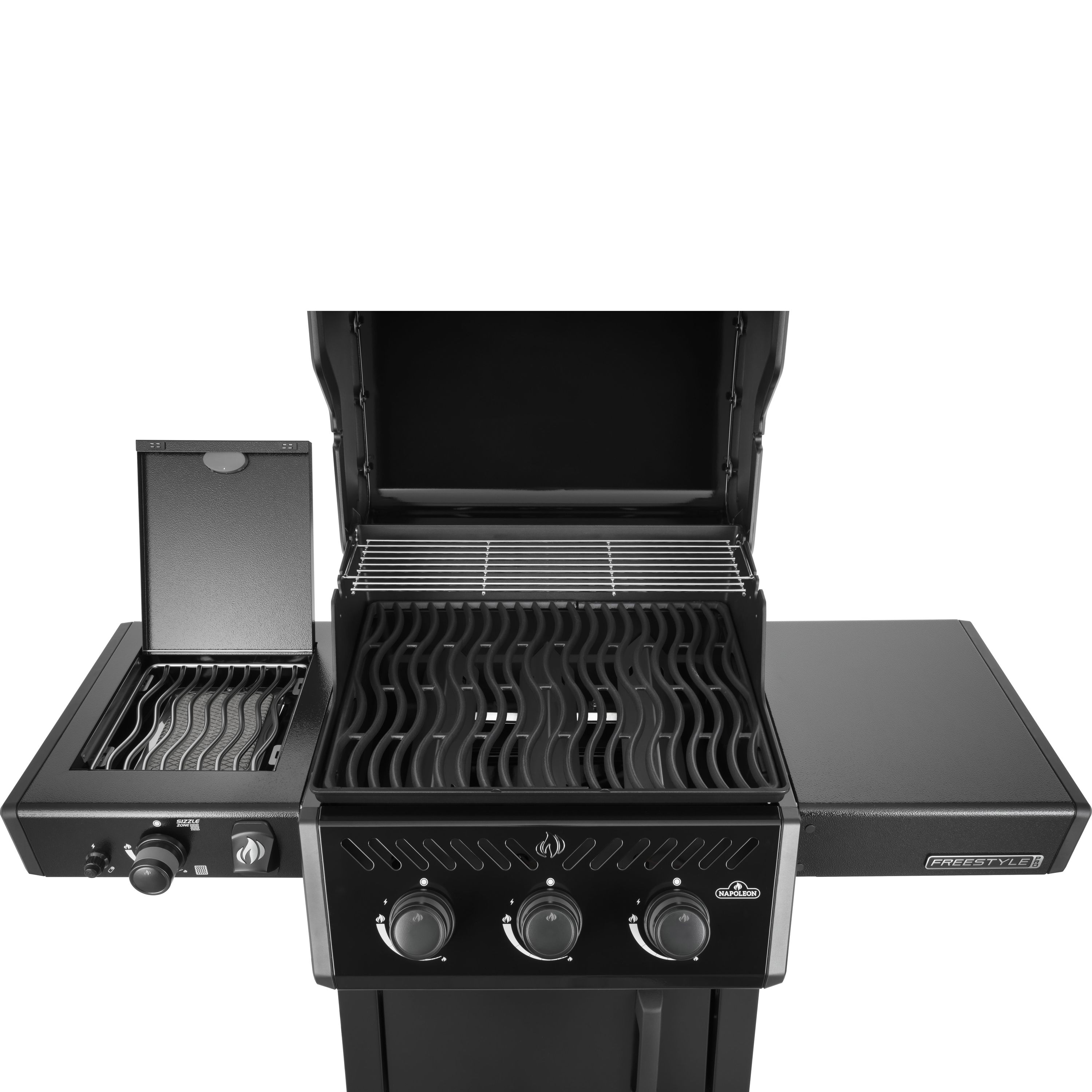 Napoleon Freestyle 365 mit Sizzle Zone in Schwarz, Ansicht offene Haube und offene Sizzle Zone