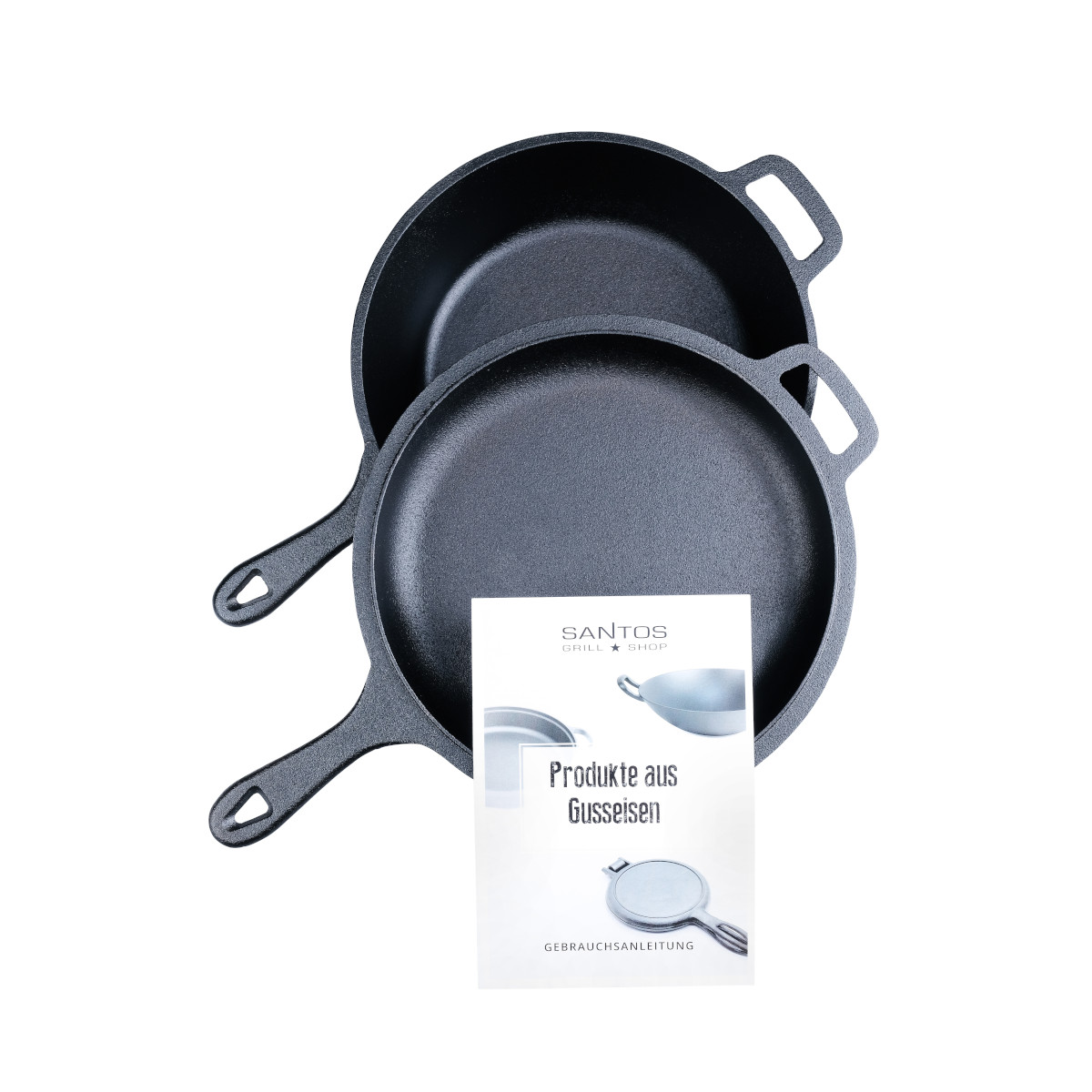 SANTOS Grillpfannen-Set Ø27cm - Gusseiserne Pfanne - Deckel - Schmoren,  Braten, Grillen, Backen - Gusseisenpfanne rund - Backofen, Feuer, Grill,  Herd | Pfannensets