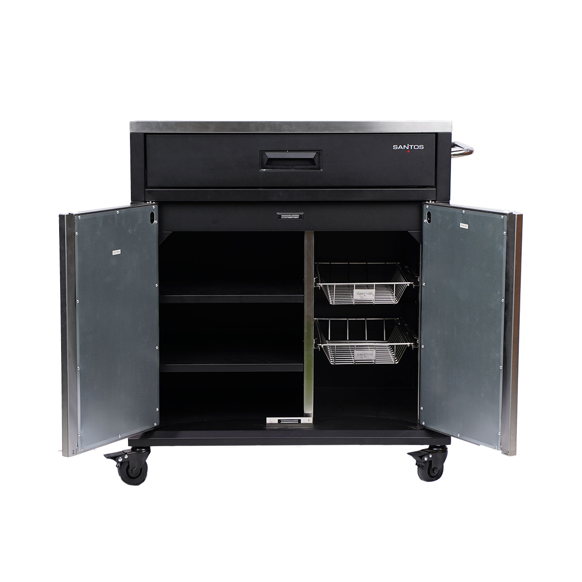 SANTOS BBQ Cart Pro in Matt Schwarz SANTOS BBQ Cart Pro in Matt Schwarz, geöffnete Türen