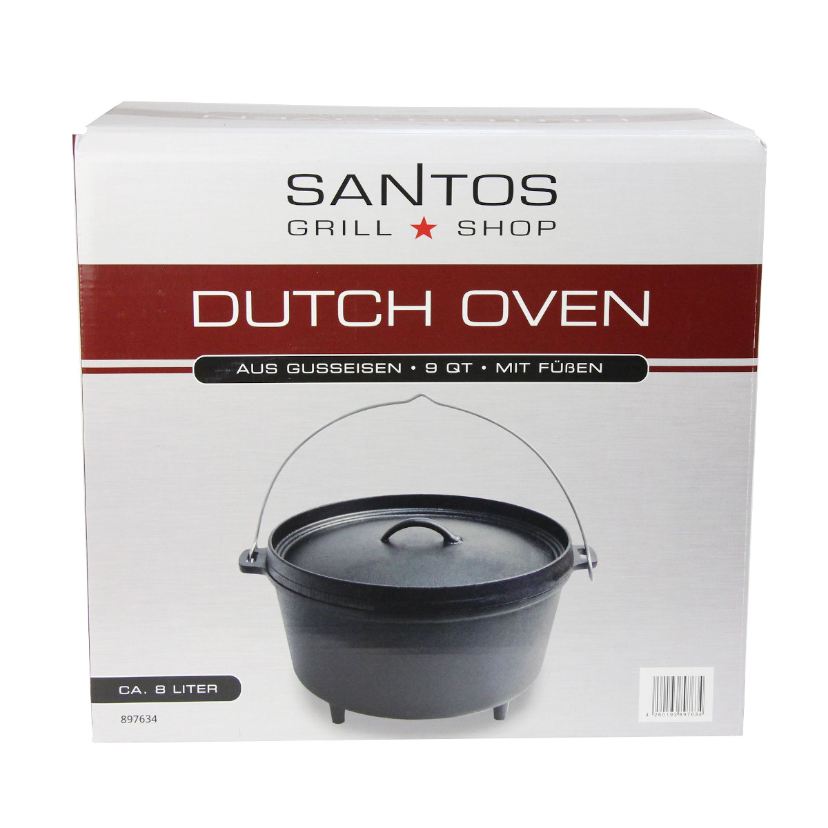 SANTOS Dutch Oven Feuertopf Schmortopf Camp Oven ca. 8 Liter / 9 Qt mit Füßen SANTOS Dutch Oven Feuertopf Schmortopf Camp Oven ca. 8 Liter / 9 Qt mit Füßen