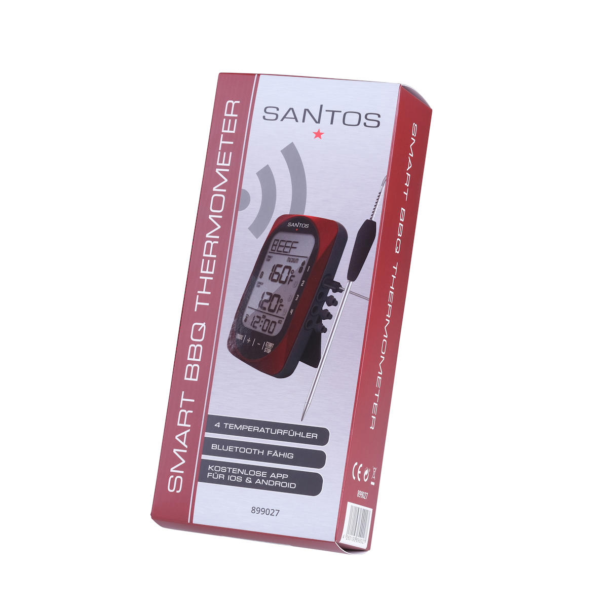 SANTOS smartes Bluetooth Grillthermometer - 4 Fühler - BBQ-Thermometer -  Smartphone kompatibel Android & iOS - via App & Monitor steuerbar - mit  Timer