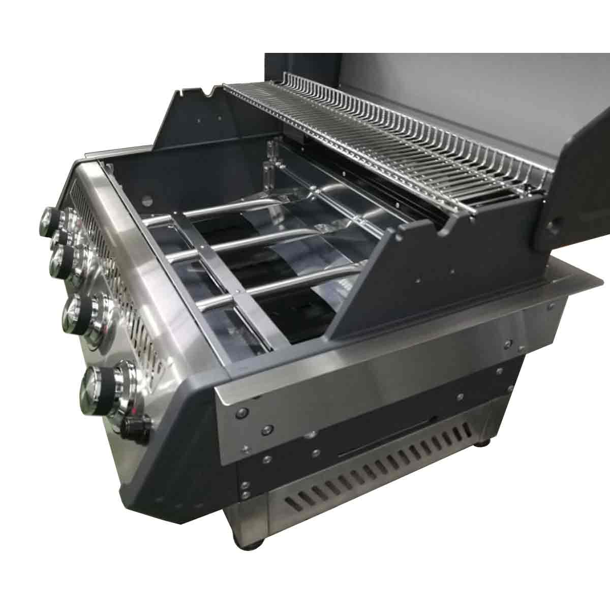 SANTOS S-410 Einbaugrill mit Heckbrenner, Edelstahl, geöffneter Deckel SANTOS S-410 Einbaugrill mit Heckbrenner, Edelstahl, geöffneter Deckel
