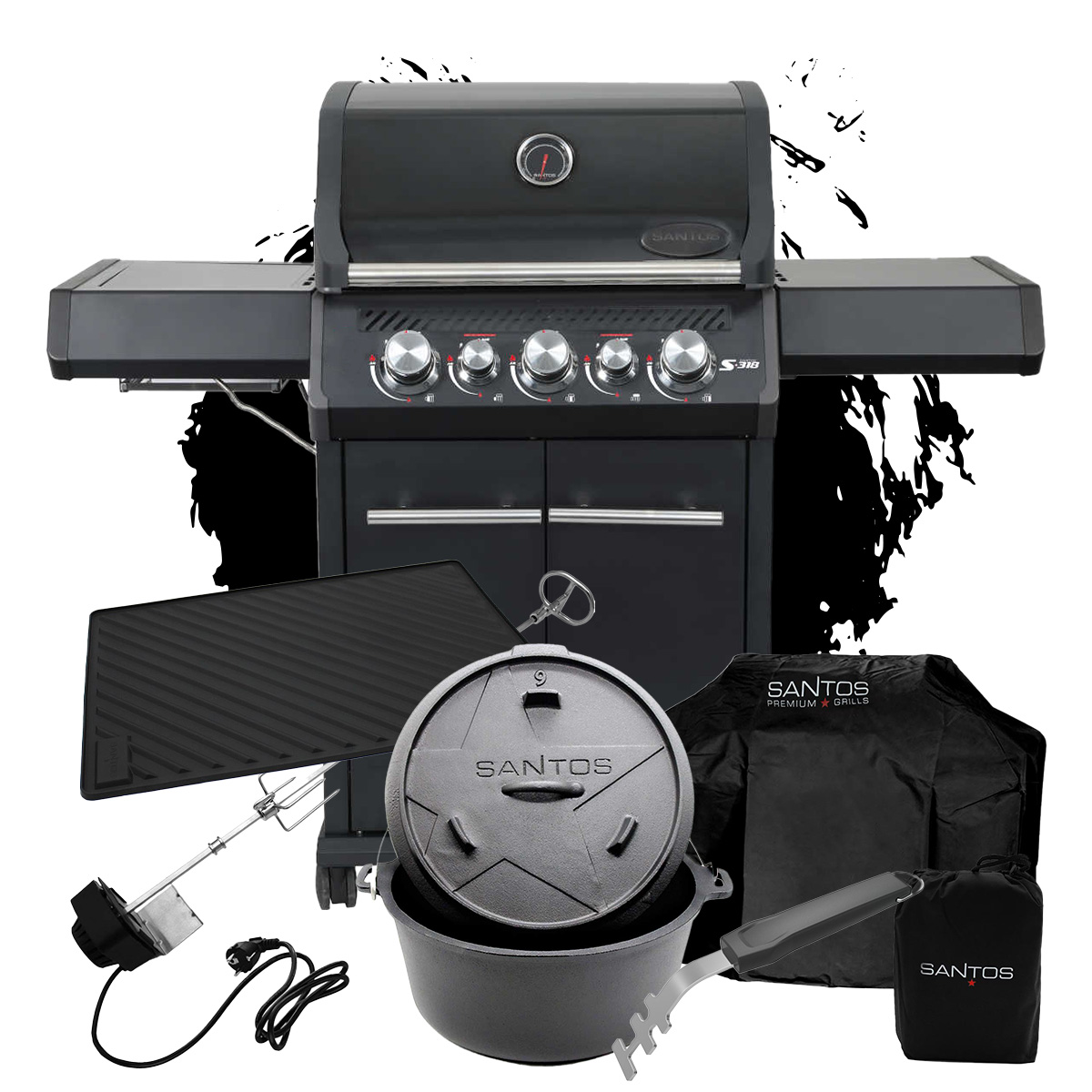 SANTOS S-318 All Black mit Seiten- und Heckbrenner, Komplettpaket