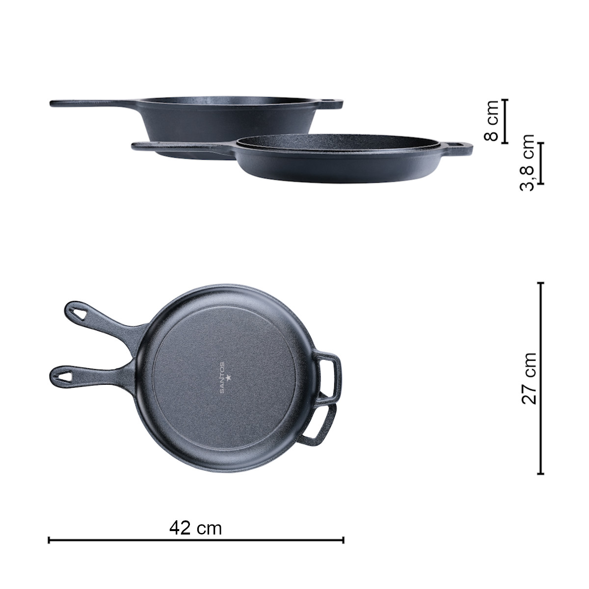 SANTOS Grillpfannen-Set Ø27cm - Gusseiserne Pfanne - Deckel - Schmoren,  Braten, Grillen, Backen - Gusseisenpfanne rund - Backofen, Feuer, Grill,  Herd