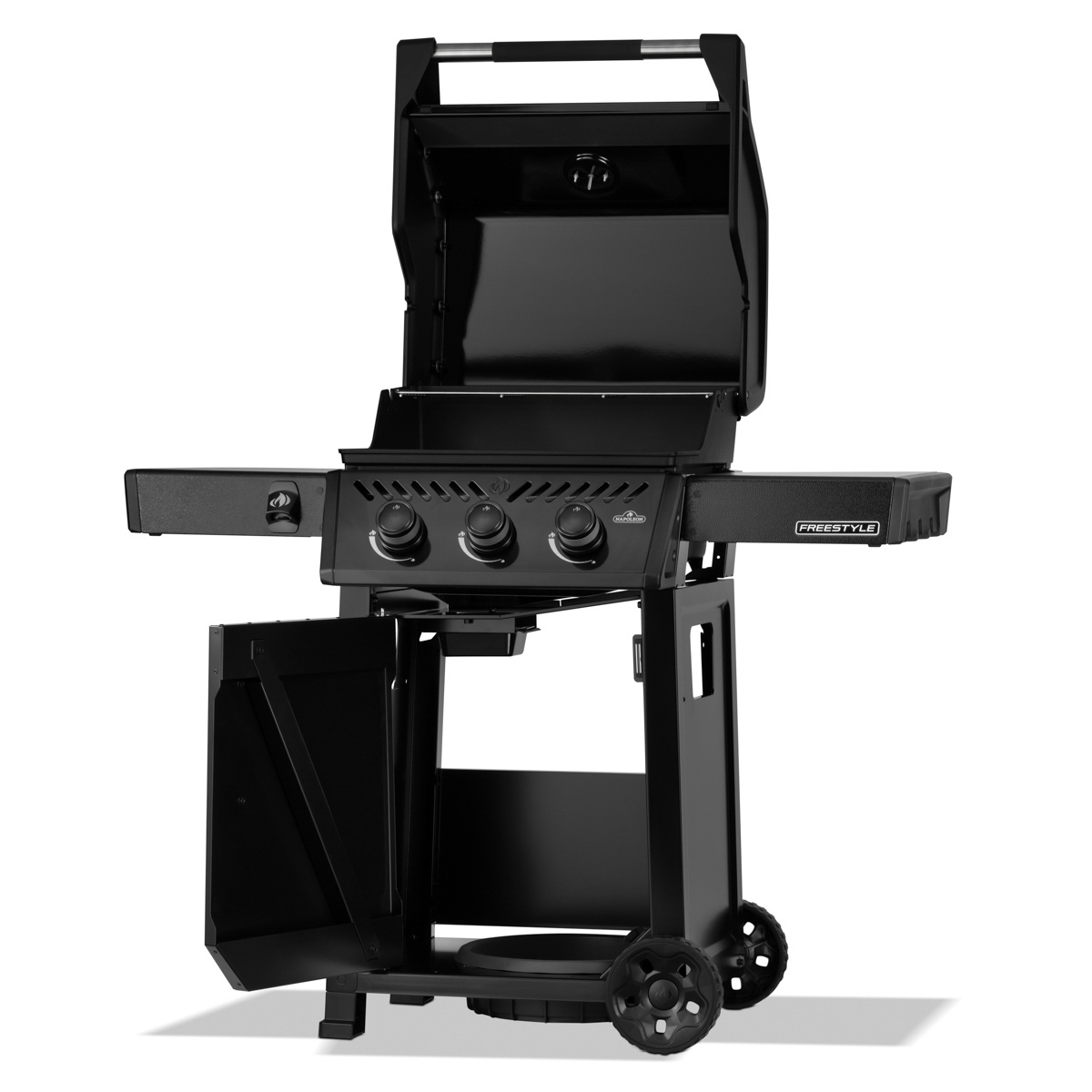 Napoleon Freestyle 425 in Schwarz, offene Haube und offene Tür