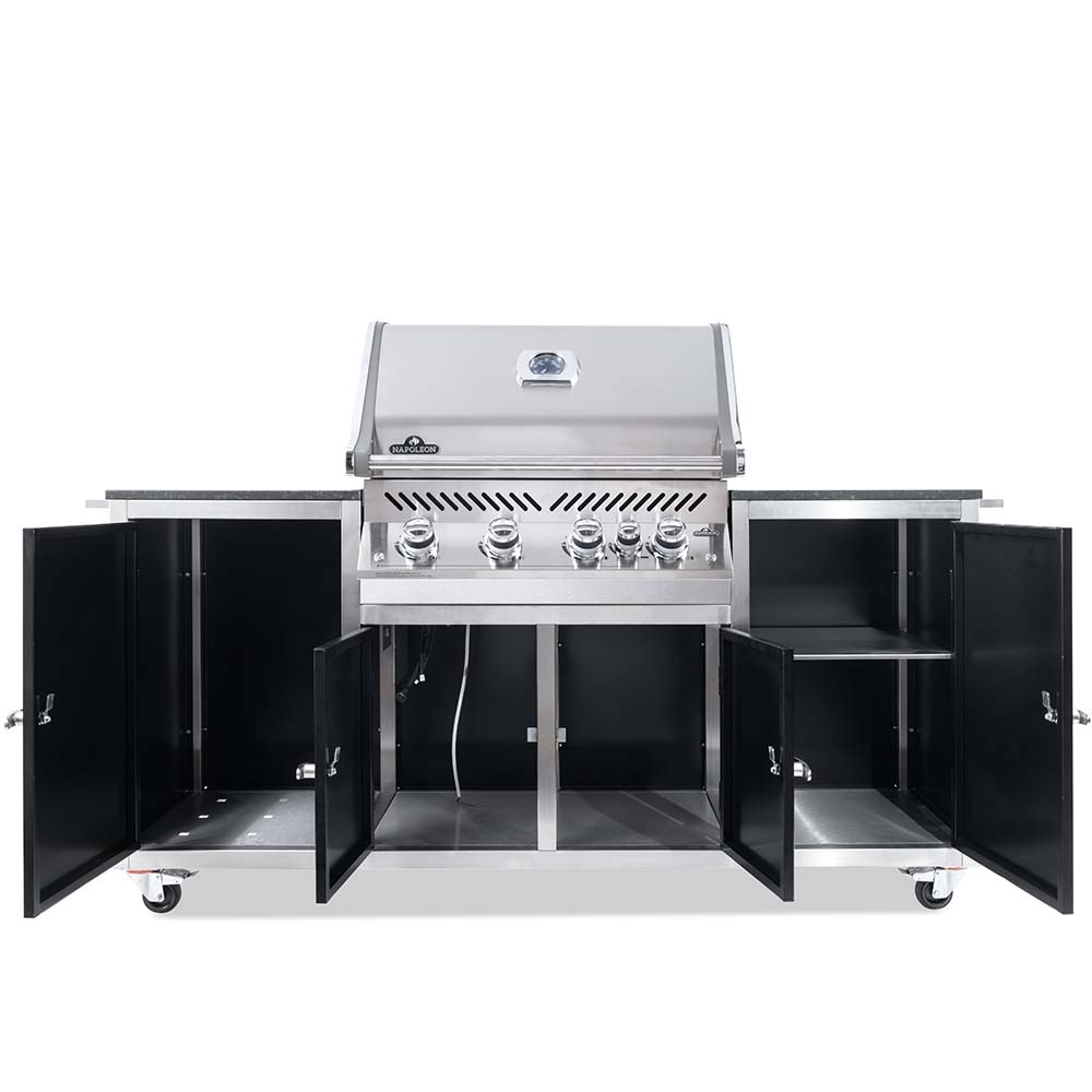 INDRA BLACKLINE Gasgrillstation Napoleon Pro 500 | inkl. Drehspieß Seitentüren geöffnet vom Unterschrank