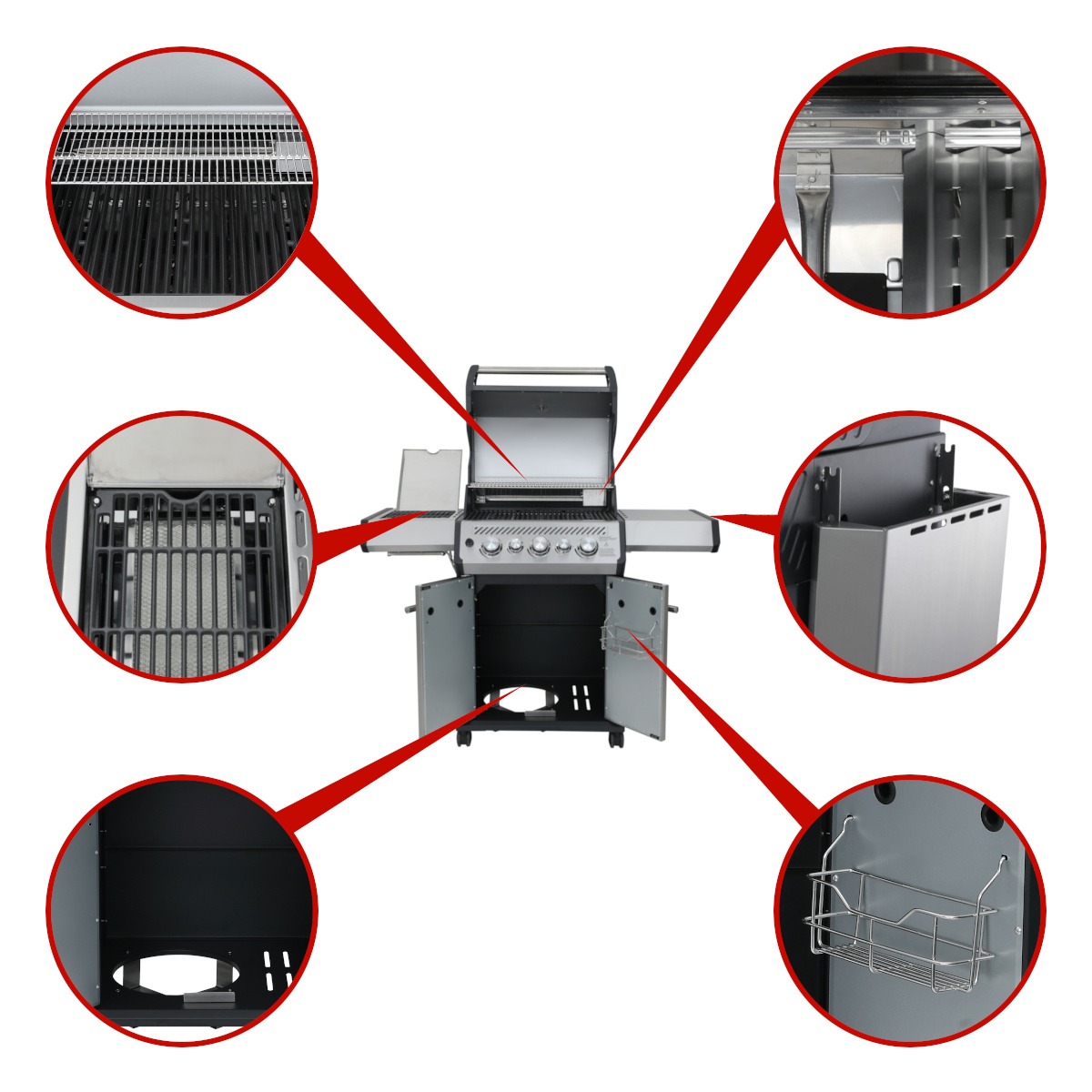 SANTOS Gasgrill S-318 | Seiten- & Heckbrenner, Edelstahl inkl. Drehspieß, Rostheber & Silikonablage SANTOS Gasgrill S-318 | Seiten- & Heckbrenner, Edelstahl inkl. Drehspieß, Rostheber & Silikonablage