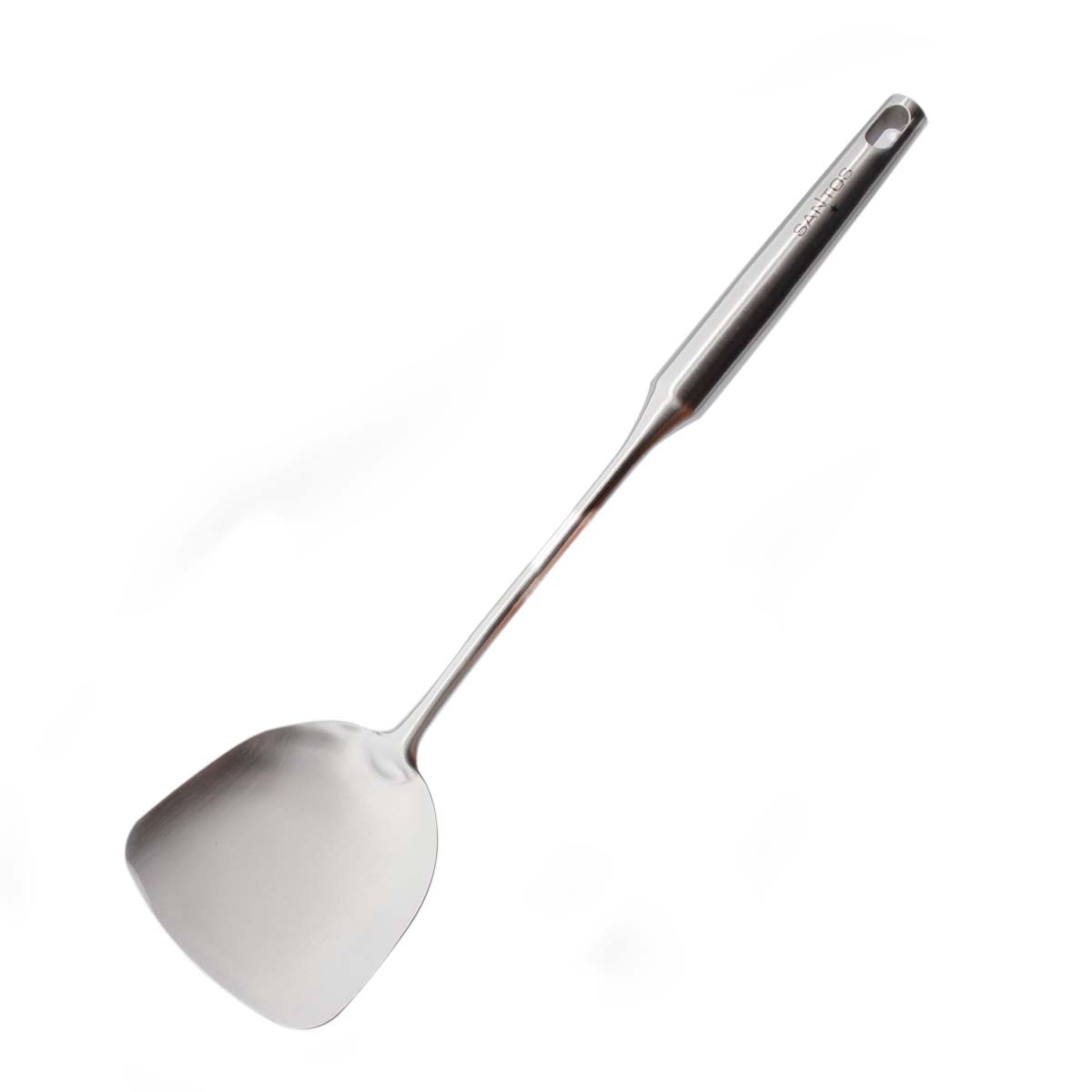 SANTOS Wokwender - Edelstahl - 10cm breiter Wokspatel - abgerundete Ecken -  Pfannenspachtel für große Grillpfannen, Woks & Grillkörbe - Pfannenwender