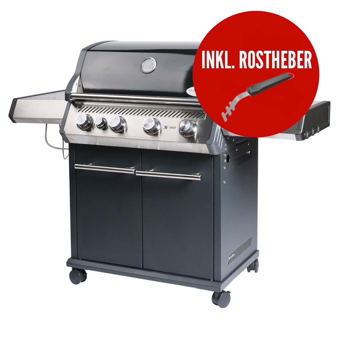 SANTOS Gasgrill S-401 mit Seitenkocher, Schwarz, Inkl. Rostheber SANTOS Gasgrill S-401 mit Seitenkocher, Schwarz, Inkl. Rostheber