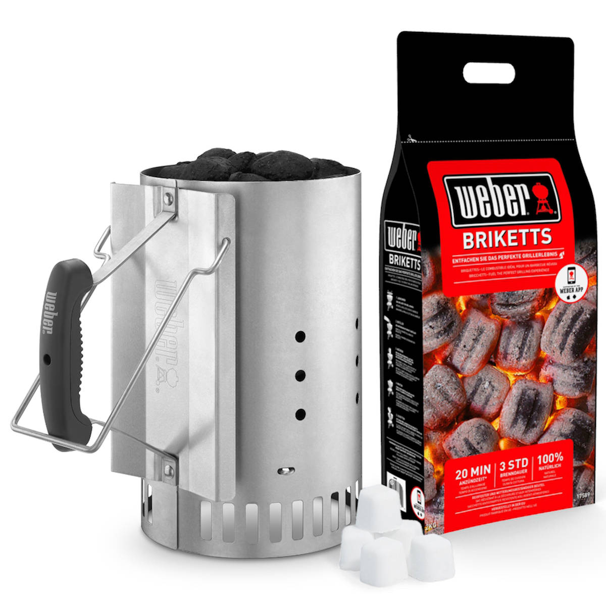 Weber Anzünd-Set, Rapidfire Anzündkamin, Briketts & Anzündwürfel Weber Anzünd-Set, Rapidfire Anzündkamin, Briketts & Anzündwürfel