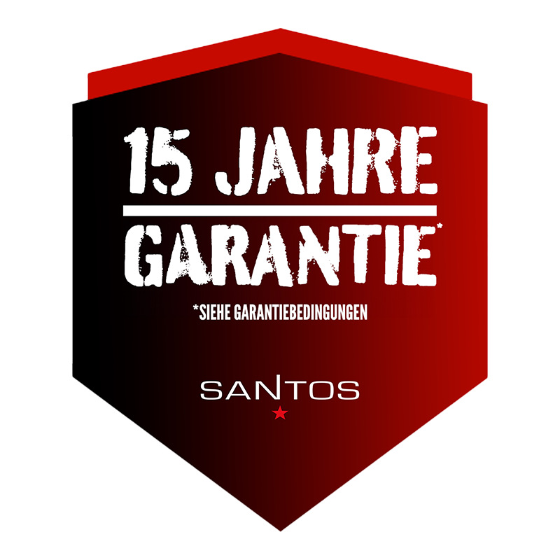 15 Jahre Garantie in Rot rotes Wappen mit SANTOS Logo