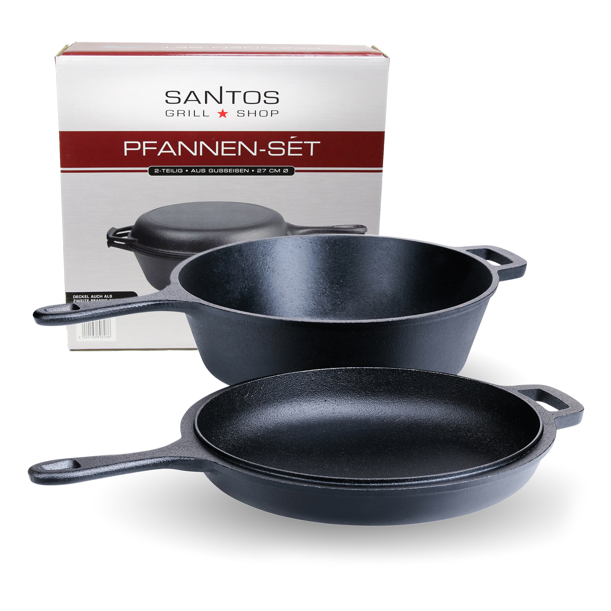 SANTOS Grillpfannen-Set Ø27cm - Gusseiserne Pfanne - Deckel - Schmoren,  Braten, Grillen, Backen - Gusseisenpfanne rund - Backofen, Feuer, Grill,  Herd