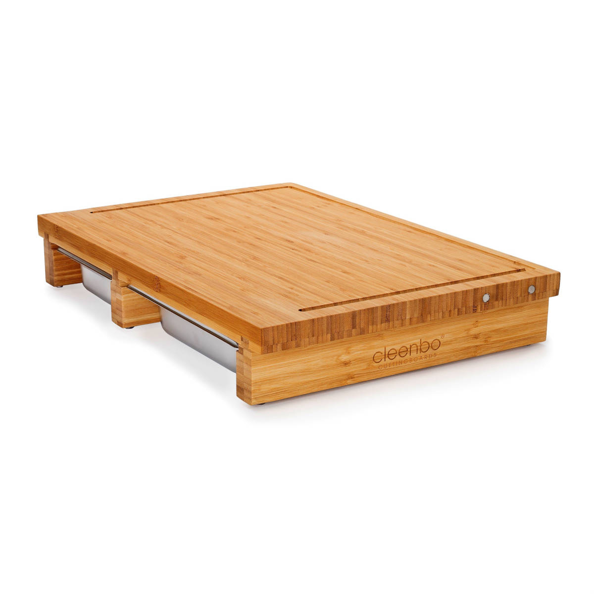 cleenbo duo classic Schneidebrett BBQ Bambus mit Edelstahlwannen