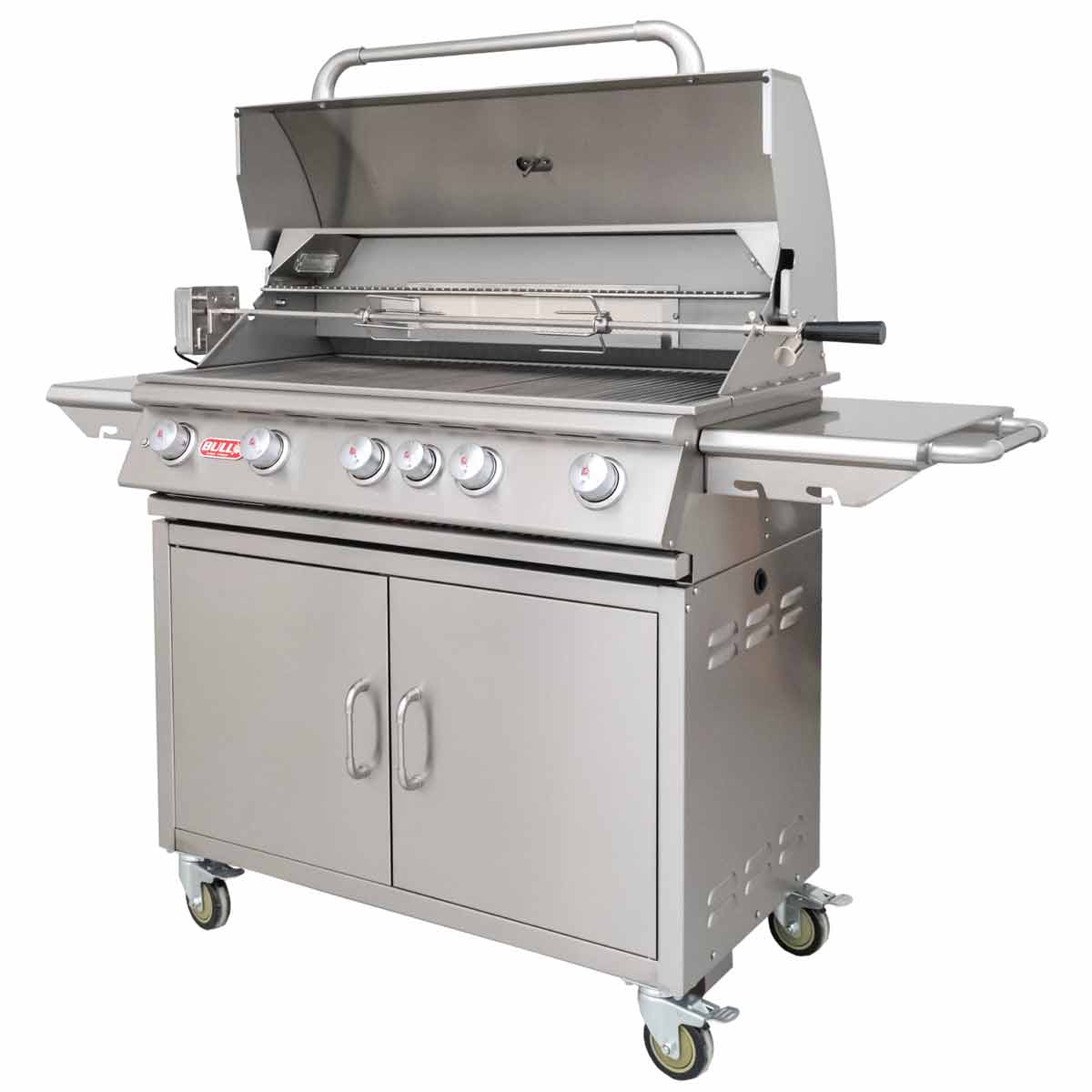 Bull Brahma Gasgrillstation mit geöffneter Grillhaube, Ansicht vorne rechts