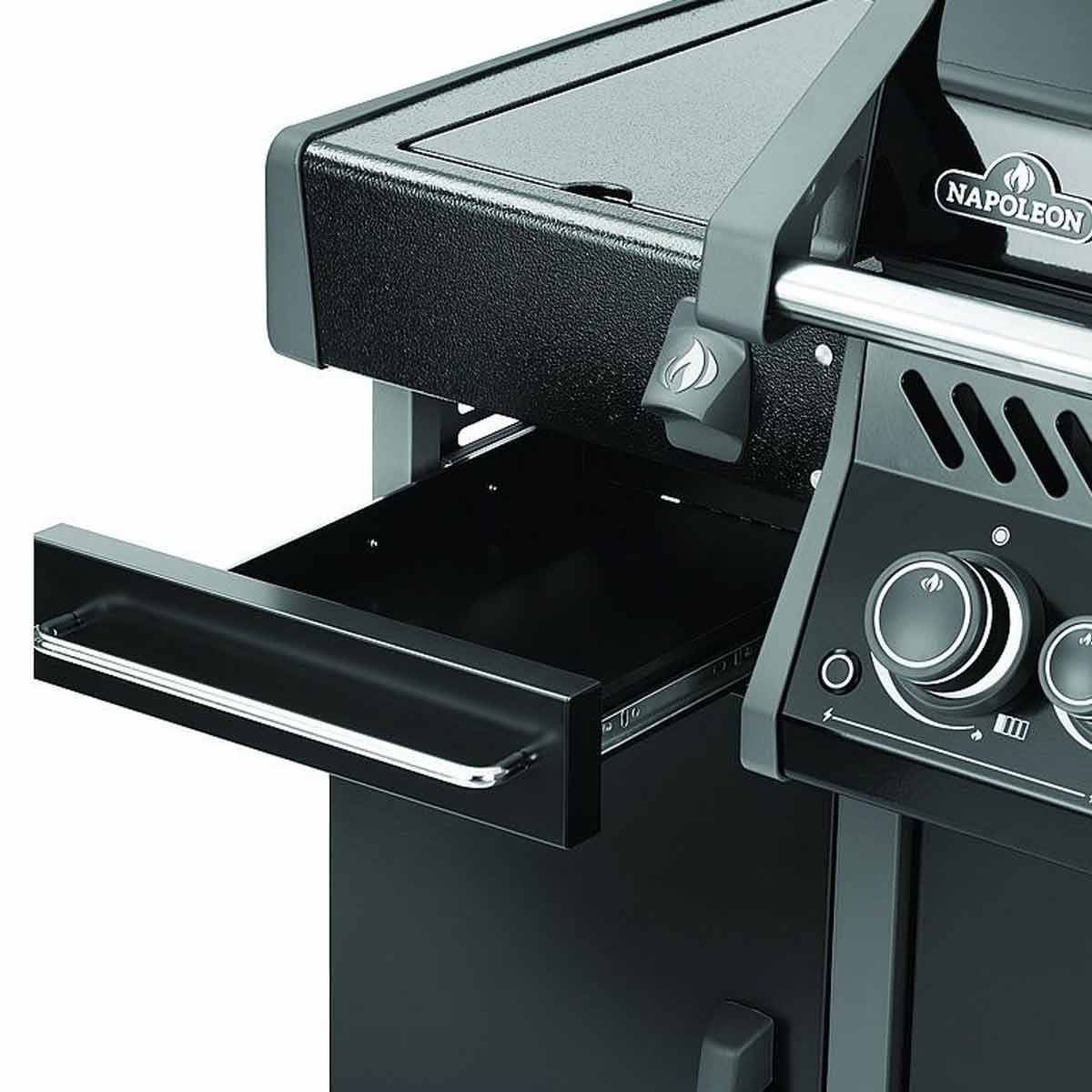 Napoleon Rogue Pro Seitenschrank, schwarz glänzend Napoleon Rogue Pro Seitenschrank, schwarz glänzend, geöffnete Schublade