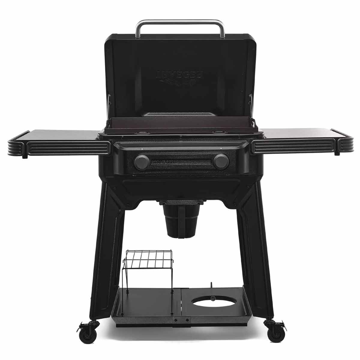 Traeger Flatrock 2 Zonen Plancha Gasgrill mit geöffnetem Deckel