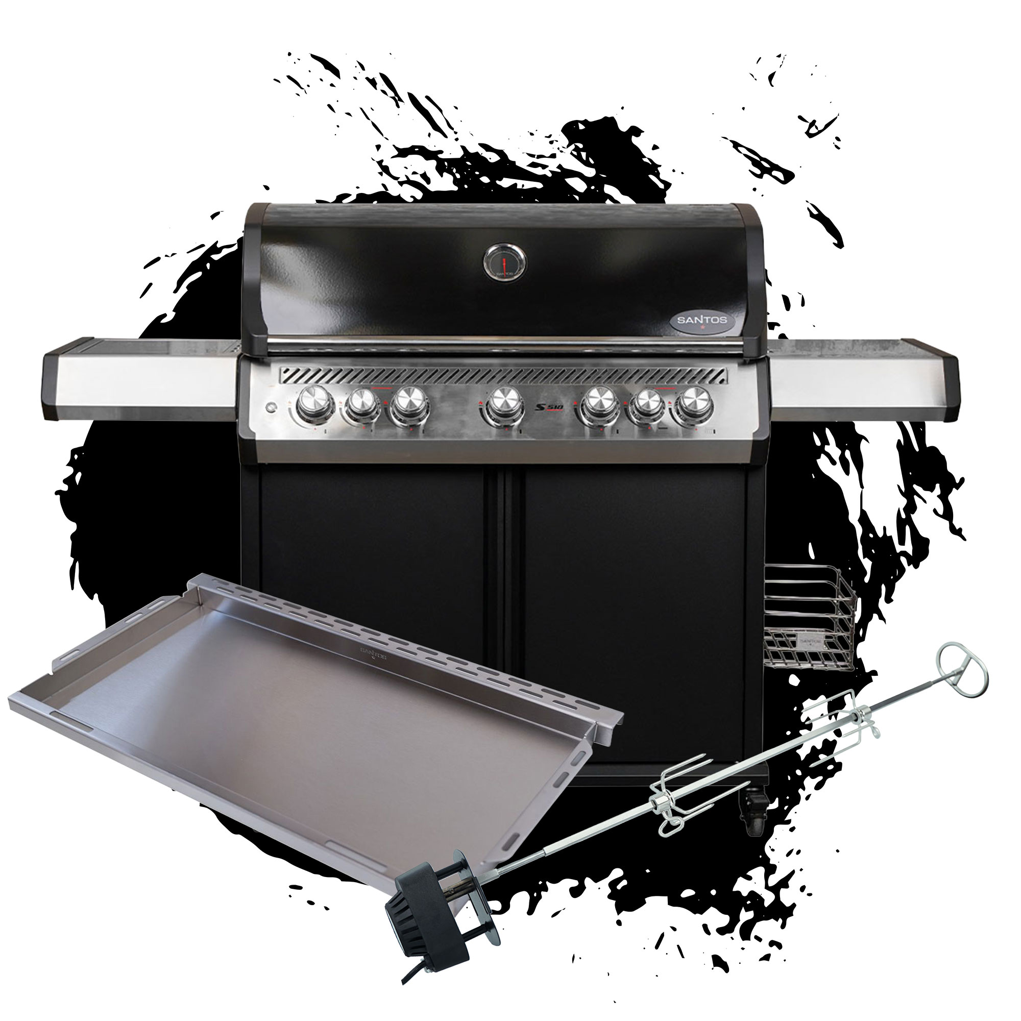 SANTOS S-518 Pro Schwarz | Seiten- & Heckbrenner | inkl. Drehspieß & SANTOS XXL Plancha | TST