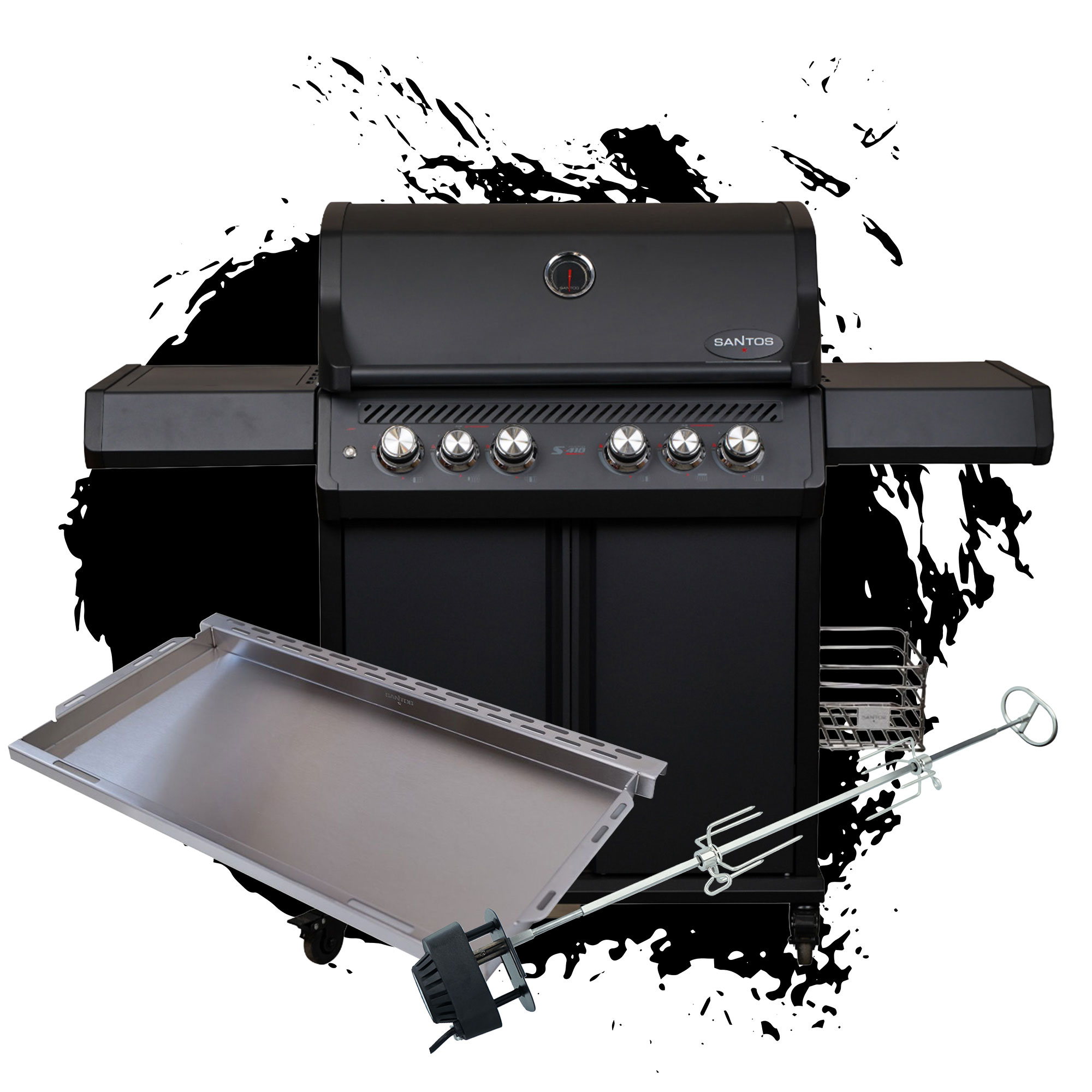 SANTOS S-418 Pro All Black Matt | Seiten- & Heckbrenner | inkl. Drehspieß + SANTOS XXL PLANCHA