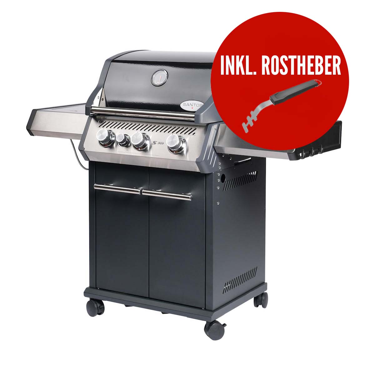 SANTOS Gasgrill S-301 mit Seitenkocher, Schwarz, Inkl. Rostheber SANTOS Gasgrill S-301 mit Seitenkocher, Schwarz, Inkl. Rostheber