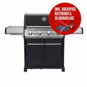 SANTOS S-418 mit Seiten- & Heckbrenner | Schwarz inkl. Drehspieß, Rostheber & Silikonablage